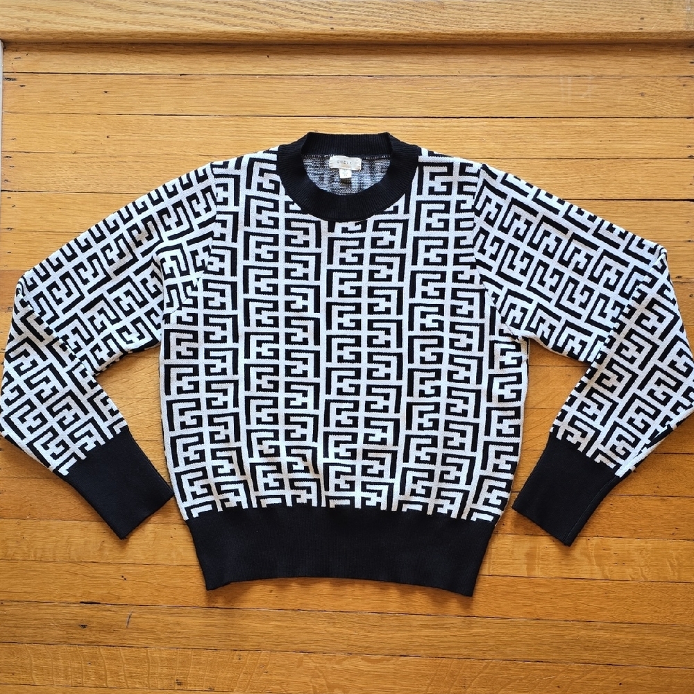 debut, Abstract Geometric, Black & White, Knit Sweater, EUC, Women's XS